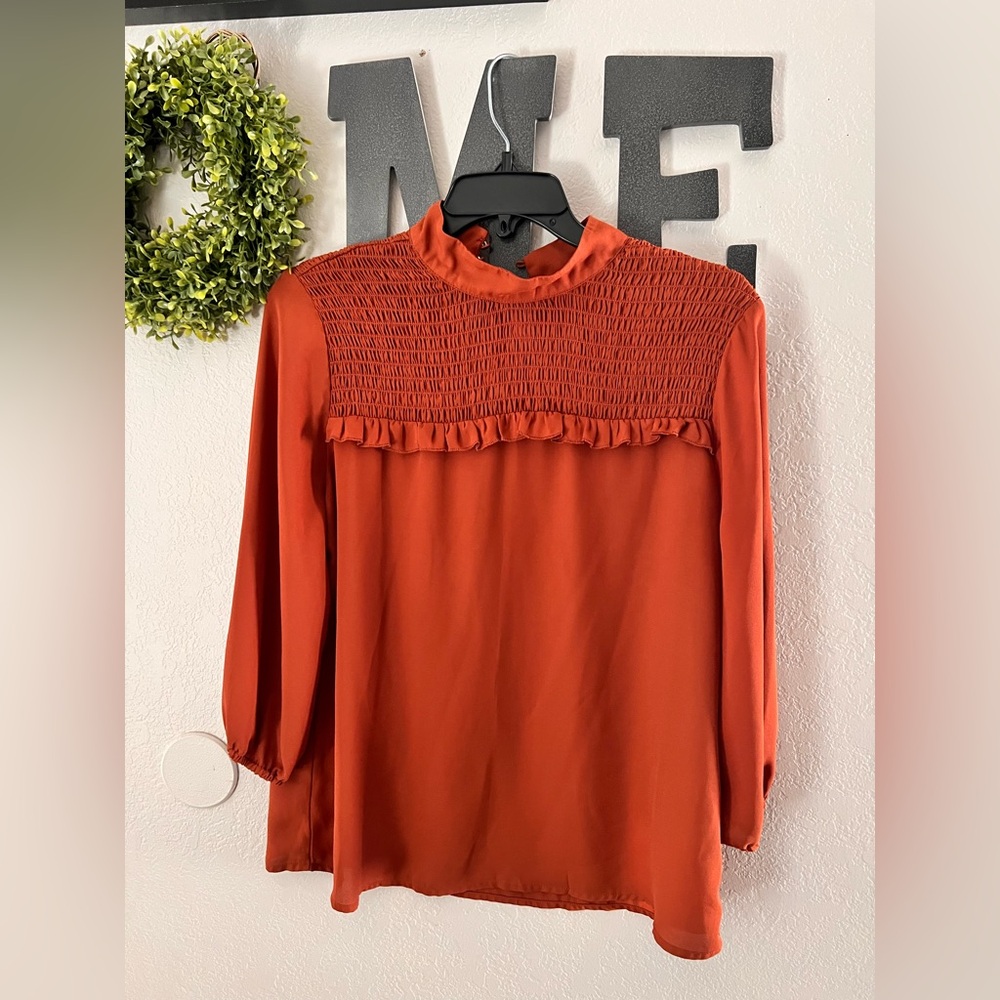 New York & Company Orange Smocked Blouse